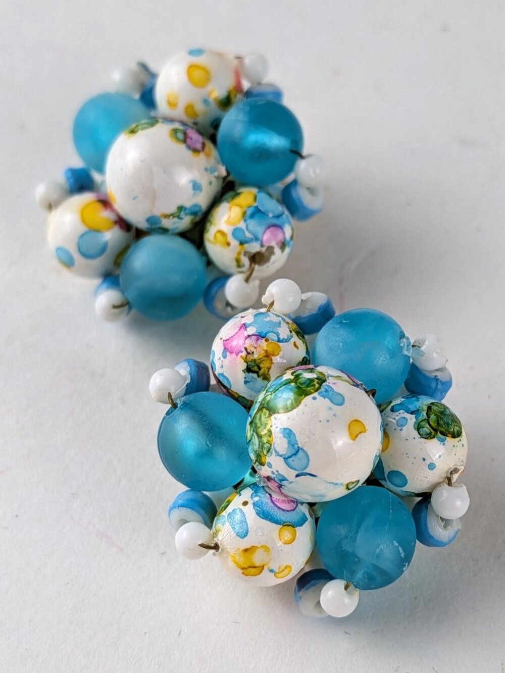 Vintage Blue/White Speckled Beaded Clip-On Earrings